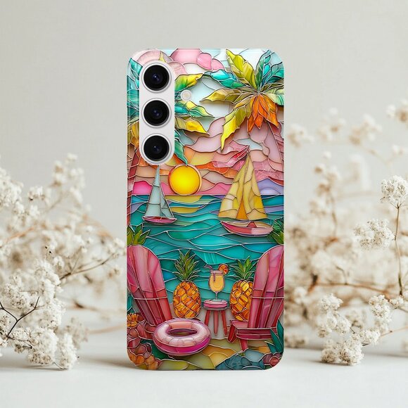 Tropical Beach Stained Glass Samsung Galaxy S25,S24 (Plus,Ultra) Phone Case - Picture 1 of 13
